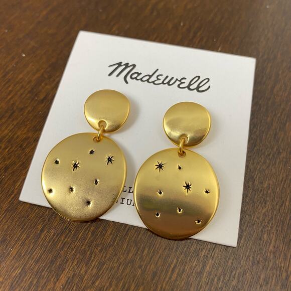 Madewell Vintage Gold Etched Stars Drop Earrings Atomic Starburst MCM NEW - Picture 2 of 6